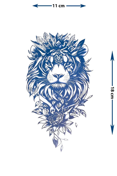 Mistik Taçlı Aslan ve Lotus Çiçeği Detaylı Sanatsal Tattoo - Yarı Kalıcı / 1 Ay Kalıcı
