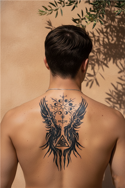 Mistik Viking Rünleri ve Ay Evreli Kanatlı Sanatsal Tattoo - Yarı Kalıcı / 1 Ay Kalıcı