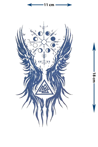 Mistik Viking Rünleri ve Ay Evreli Kanatlı Sanatsal Tattoo - Yarı Kalıcı / 1 Ay Kalıcı