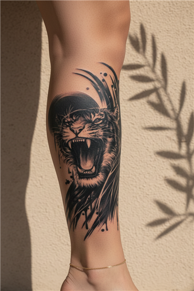 Modern Fırça Darbeli Kükreyen Kaplan ve Soyut Sanat Detaylı Tattoo - Yarı Kalıcı / 1 Ay Kalıcı