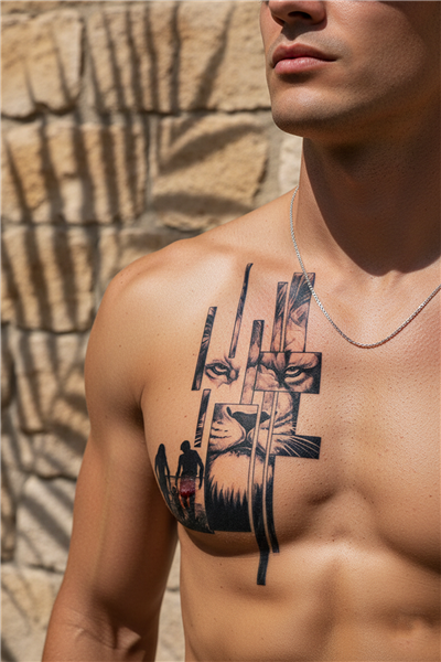 Modern Geometrik Aslan ve Aile Silüeti Detaylı Sanatsal Tattoo - Yarı Kalıcı / 1 Ay Kalıcı