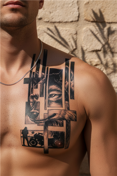 Modern Geometrik Kurt ve Motosiklet Silüeti Detaylı Sanatsal Tattoo - Yarı Kalıcı / 1 Ay Kalıcı
