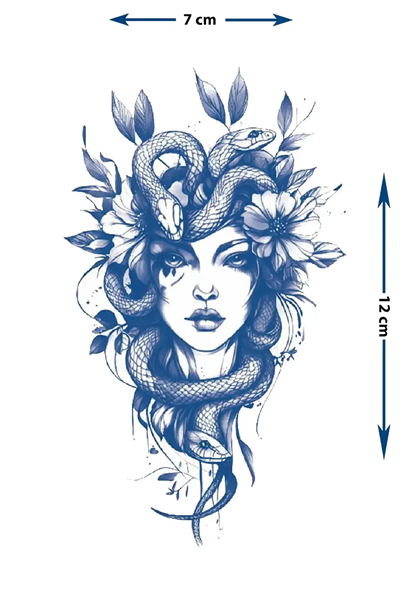 Modern Medusa ve Botanik Detaylı Yarı Kalıcı Dövme / 1 Ay Kalıcı - Mitolojik ve Zarif Geçici Dövme