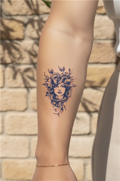 Modern Medusa ve Botanik Detaylı Yarı Kalıcı Dövme / 1 Ay Kalıcı - Mitolojik ve Zarif Geçici Dövme