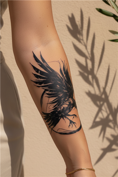 Modern Sketch Stilinde Kuzgun ve Soyut Çizgili Sanatsal Tattoo - Yarı Kalıcı / 1 Ay Kalıcı