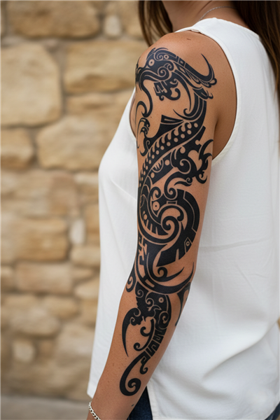 Modern Tribal Stil Ejderha Motifli Sanatsal Kol Tattoo - Yarı Kalıcı / 1 Ay Kalıcı