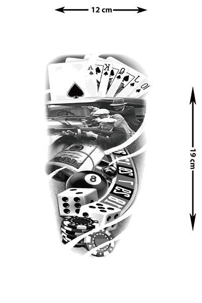 Detaylı Poker ve Mafya Sahnesi Geçici Dövme | Siyah Beyaz Casino Temalı Kol Bacak Dövmesi