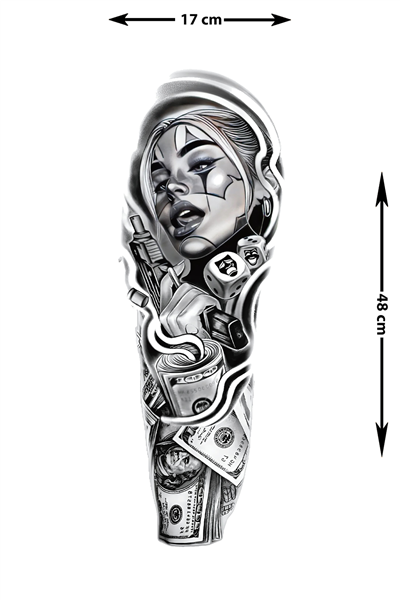 Harley Quinn Sleeve Geçici Dövme | Palyaço Makyaj Makineli Tüfek Para Zar Kaos Tasarım