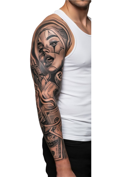 Harley Quinn Sleeve Geçici Dövme | Palyaço Makyaj Makineli Tüfek Para Zar Kaos Tasarım