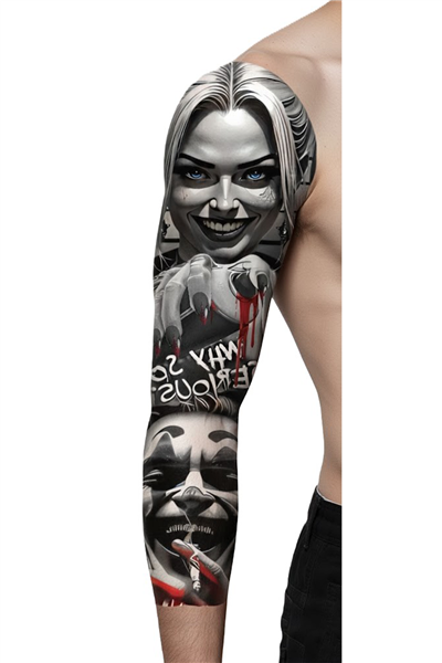 Harley Quinn & Joker Sleeve Geçici Dövme | Why So Serious Palyaço Kanlı Kaos Tasarım