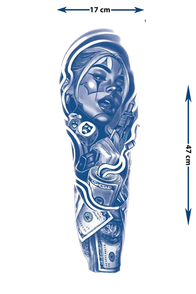 Palyaço Makyajlı Kadın ve Banknot Motifli Tam Kol Kaplama Tattoo - Yarı Kalıcı / 1 Ay Kalıcı