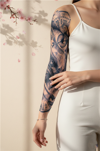 Parçalanmış Saat ve Kurt Gözü Motifli Tam Kol Kaplama Tattoo - Yarı Kalıcı / 1 Ay Kalıcı