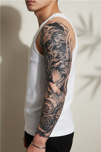 Poseidon, Güvercin ve Pusula Motifli Tam Kol Kaplama Tattoo - Yarı Kalıcı / 1 Ay Kalıcı