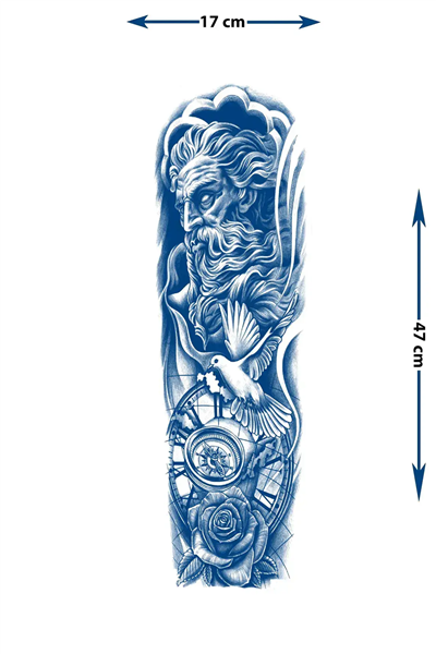Poseidon, Güvercin ve Pusula Motifli Tam Kol Kaplama Tattoo - Yarı Kalıcı / 1 Ay Kalıcı