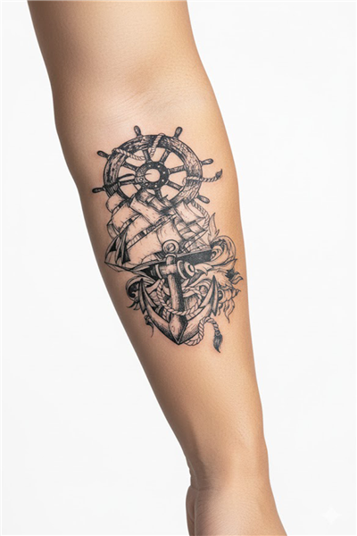 Gemi, Çapa ve Dümen Geçici Dövme: Denizci Temalı Siyah Tattoo