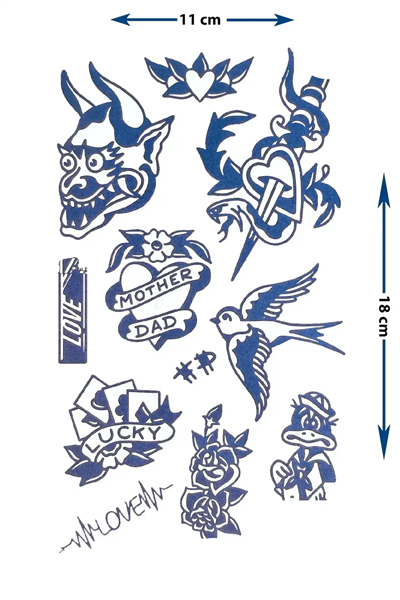 Retro Patchwork Stil İkonik Figürler ve Anlamlı Yazılı Karma Tattoo Seti - Yarı Kalıcı / 1 Ay Kalıcı