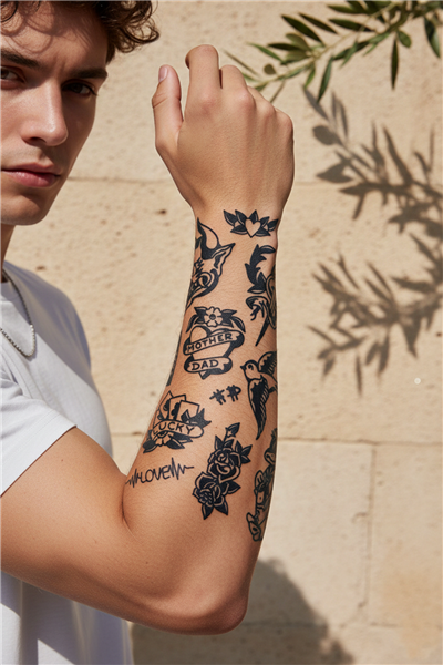 Retro Patchwork Stil İkonik Figürler ve Anlamlı Yazılı Karma Tattoo Seti - Yarı Kalıcı / 1 Ay Kalıcı