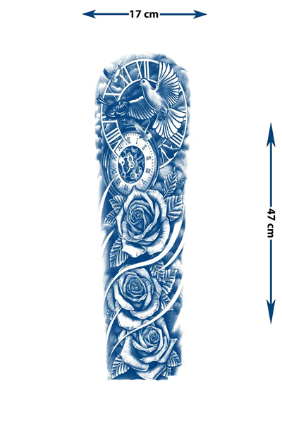 Roma Rakamlı Saat, Güvercin ve Gül Motifli Tam Kol Kaplama Tattoo - Yarı Kalıcı / 1 Ay Kalıcı