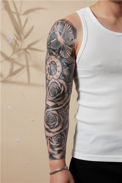 Roma Rakamlı Saat, Güvercin ve Gül Motifli Tam Kol Kaplama Tattoo - Yarı Kalıcı / 1 Ay Kalıcı
