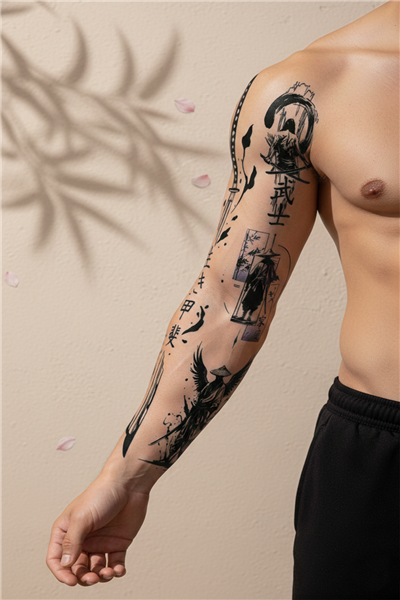 Samuray, Japon Kanji Yazı ve Katana Motifli Tam Kol Kaplama Tattoo - Yarı Kalıcı / 1 Ay Kalıcı