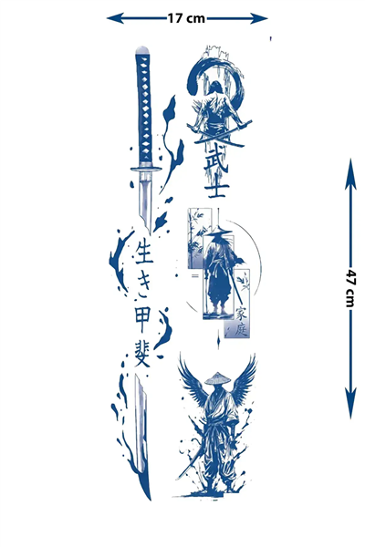 Samuray, Japon Kanji Yazı ve Katana Motifli Tam Kol Kaplama Tattoo - Yarı Kalıcı / 1 Ay Kalıcı
