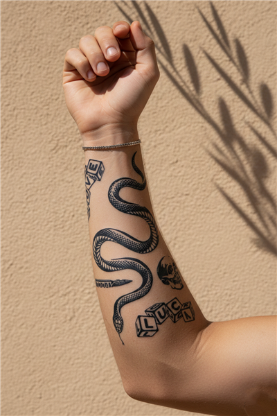 Sanatsal Kıvrımlı Yılan ve Şans Oyunları Detaylı Karma Tattoo Seti - Yarı Kalıcı / 1 Ay Kalıcı