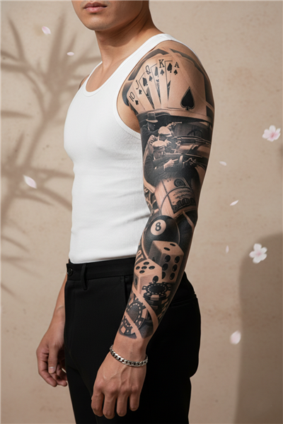 Şans Simgeleri, Aksiyon ve Retro Figürlü Tam Kol Kaplama Tattoo - Yarı Kalıcı / 1 Ay Kalıcı