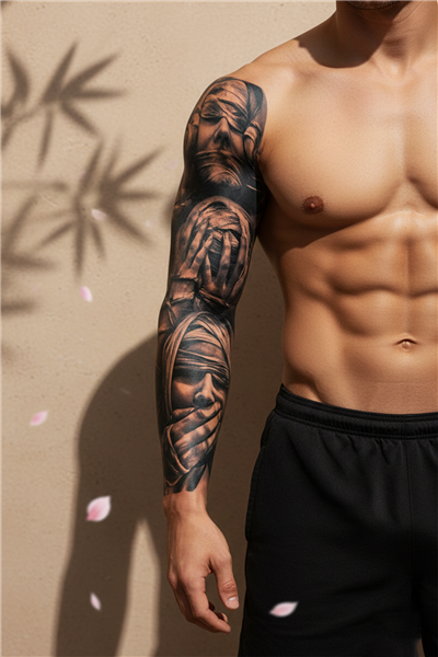 Sargılı Yüzler ve Üç Maymun Felsefesi Motifli Tam Kol Kaplama Tattoo - Yarı Kalıcı / 1 Ay Kalıcı