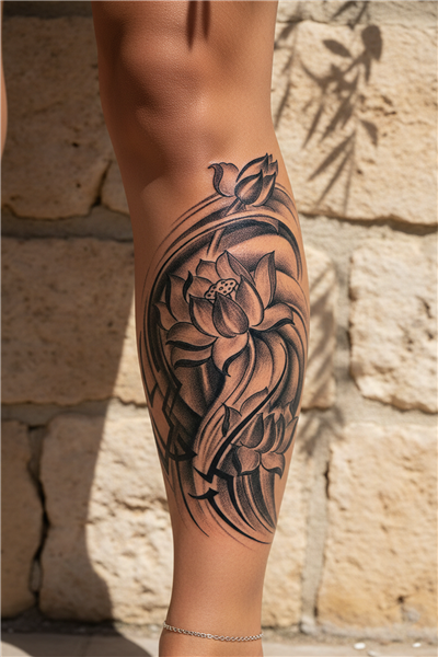Sarmal Lotus Çiçeği ve Barok Desenli Bacak Dövmesi - Yarı Kalıcı / 1 Ay Kalıcı Tattoo