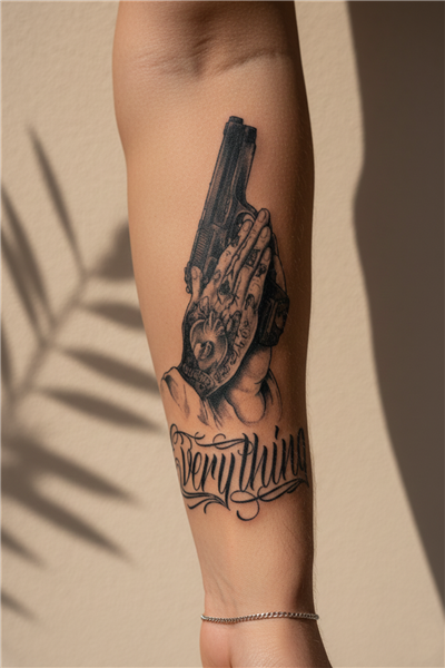 Silah Tutan Eller ve Everything Yazılı Dövme - Yarı Kalıcı / 1 Ay Kalıcı Tattoo
