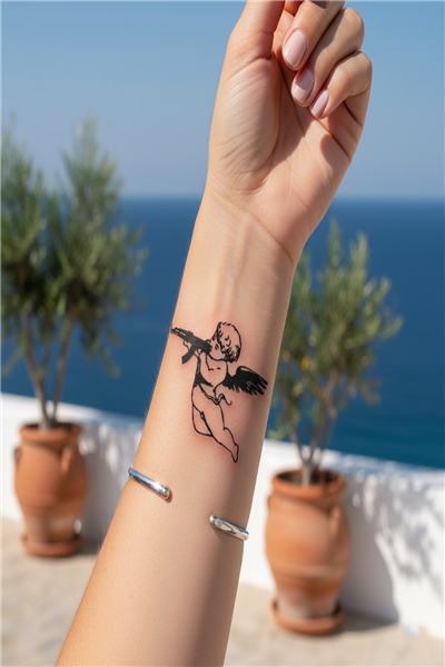 Silahlı Melek (Cupid) Yarı Kalıcı Dövme / 1 Ay Kalıcı - İronik ve Asi Sanat Temalı Geçici Dövme