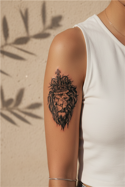 Taçlı Aslan Kral Omuz Dövmesi - Yarı Kalıcı / 1 Ay Kalıcı Tattoo