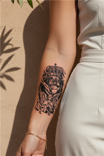 Taçlı Aslan ve Kanatlı Dua Eden Melek Detaylı Sanatsal Tattoo - Yarı Kalıcı / 1 Ay Kalıcı