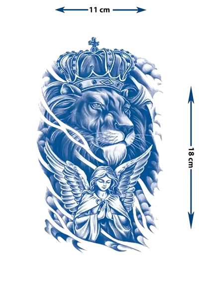 Taçlı Aslan ve Kanatlı Dua Eden Melek Detaylı Sanatsal Tattoo - Yarı Kalıcı / 1 Ay Kalıcı