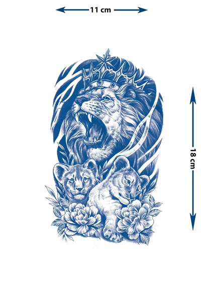 Taçlı Kral Aslan ve Yavru Aslan Ailesi Detaylı Sanatsal Tattoo - Yarı Kalıcı / 1 Ay Kalıcı