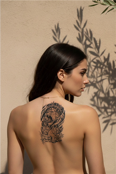 Taçlı Kral Aslan ve Yavru Aslan Ailesi Detaylı Sanatsal Tattoo - Yarı Kalıcı / 1 Ay Kalıcı