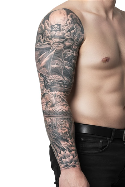 Korsan Hayalet Gemi Sleeve Geçici Dövme | Hazine Sandığı Kuzgun Kafatası Lotus Ay Tasarım