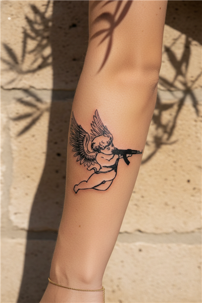 Tüfekli Melek (Cupid) Yarı Kalıcı Dövme / 1 Ay Kalıcı - Marjinal ve Pop Art Temalı Geçici Dövme