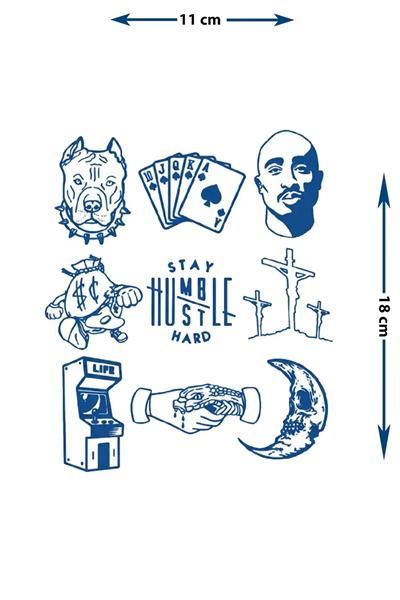 Tupac Portre ve Hustle Yarı Kalıcı Dövme-Pitbul ve Kart Desenli