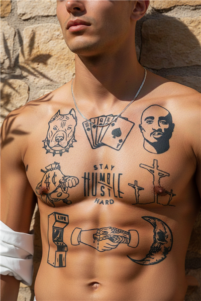 Tupac Portre ve Hustle Yarı Kalıcı Dövme-Pitbul ve Kart Desenli