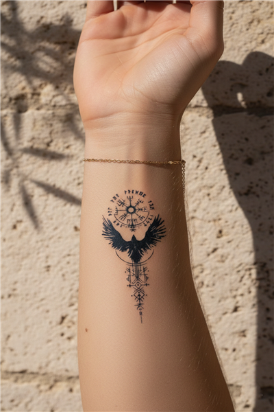 Vegvisir Viking Pusulası ve Kuzgun Yarı Kalıcı Dövme / 1 Ay Kalıcı - İskandinav Mitolojisi Geçici Dövme