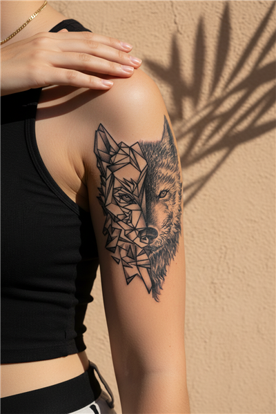 Yarı Geometrik Yarı Gerçekçi Kurt Figürlü Sanatsal Tattoo - Yarı Kalıcı / 1 Ay Kalıcı