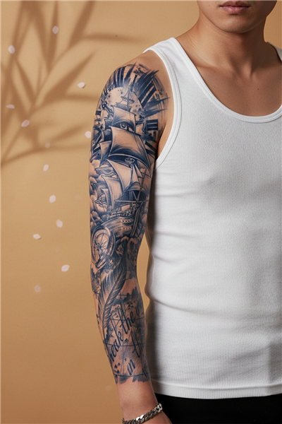 Yelkenli Gemi, Pusula ve Harita Motifli Tam Kol Kaplama Tattoo - Yarı Kalıcı / 1 Ay Kalıcı