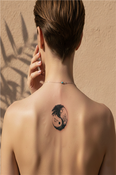 Yin Yang Hayat Ağacı Yarı Kalıcı Dövme / 1 Ay Kalıcı - Doğa ve Denge Temalı Spiritüel Geçici Sırt Dövmesi