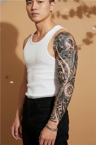 Zeus, Roma Rakamlı Saat ve Kurukafa Motifli Tam Kol Kaplama Tattoo - Yarı Kalıcı / 1 Ay Kalıcı