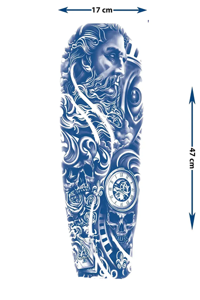 Zeus, Roma Rakamlı Saat ve Kurukafa Motifli Tam Kol Kaplama Tattoo - Yarı Kalıcı / 1 Ay Kalıcı