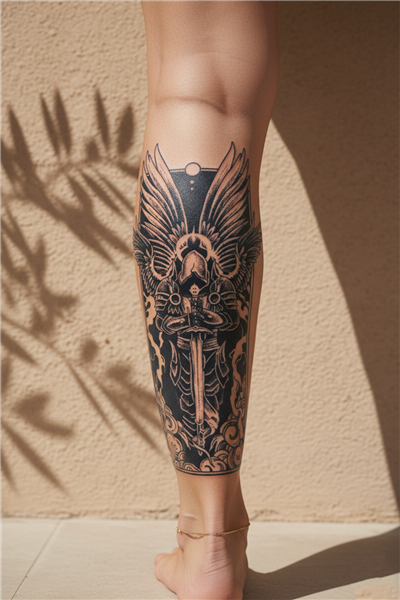 Zırhlı Başmelek ve Kutsal Kılıç Detaylı Sanatsal Tattoo - Yarı Kalıcı / 1 Ay Kalıcı