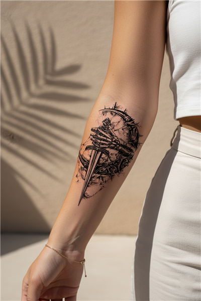 Zırhlı İskelet El ve Mistik Hilal Detaylı Hançer Tattoo - Yarı Kalıcı / 1 Ay Kalıcı