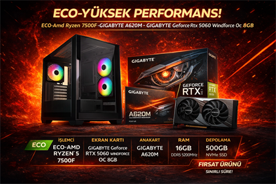 NORTSA  ECO-AMD RYZEN 7500F-GIGABYTE A620M-GIGABYTE GEFORCE RTX 5060 WINDFORCE OC 8GB-16GB-500GB SSD SİYAH