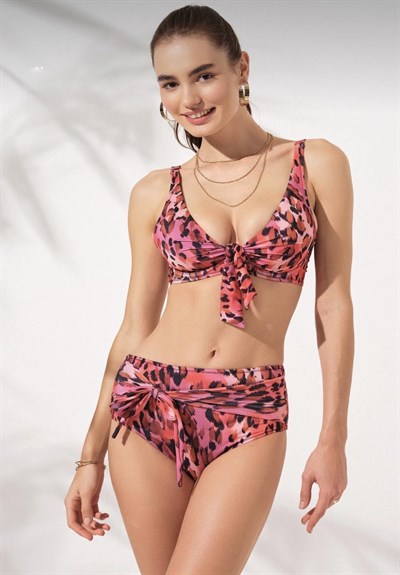 Kırmızı Leopar Desenli Balenli Toparlayıcı Bikini Takım
